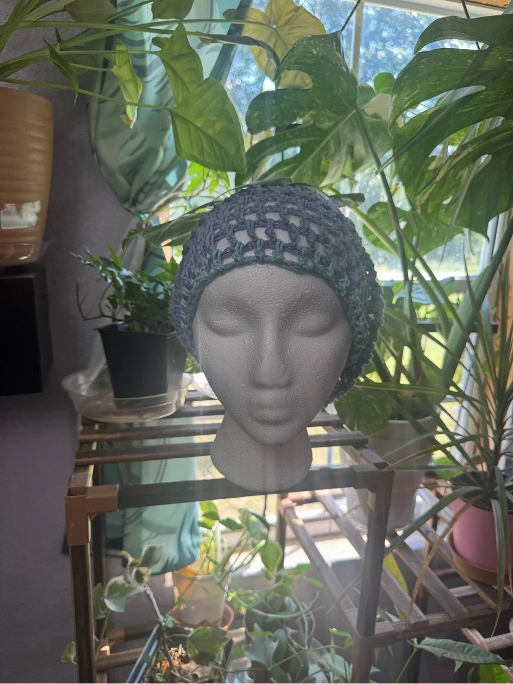 Handmade Crochet Beanie in Plum and Deep Blue
